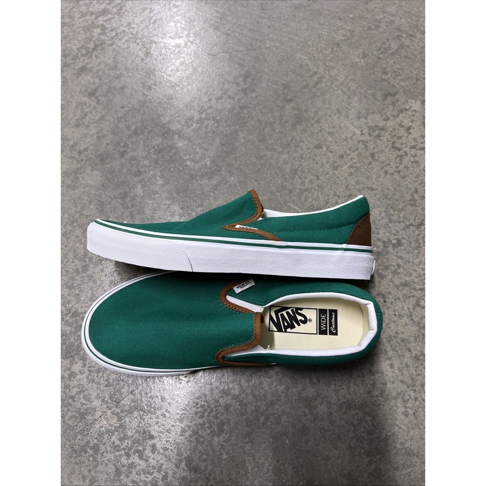 Vans Classic Slip On Shoes Custom Green Brown Wide Mens Size 8.5 Womens 10 Rare